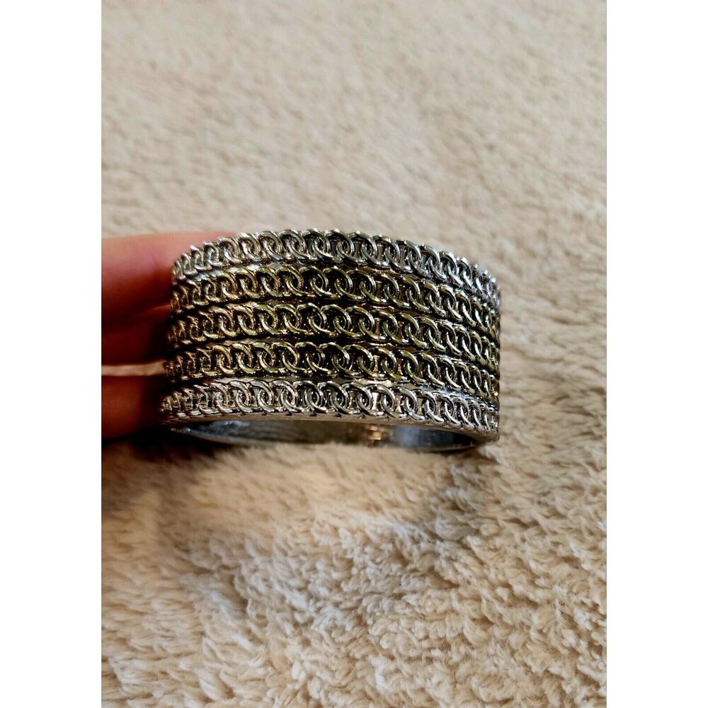 Vintage MCM Style Hinge 2Tone Gold Silvr Bangle Cuff Bracelet Interior 2.5" Wide